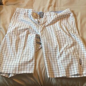 White and Blue and brown checkered pattern Flat Front Shorts with Classic Design